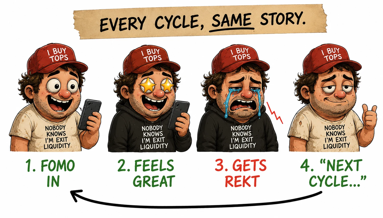 Larry enters from FOMO, feels great, gets rekt, and returns next cycle