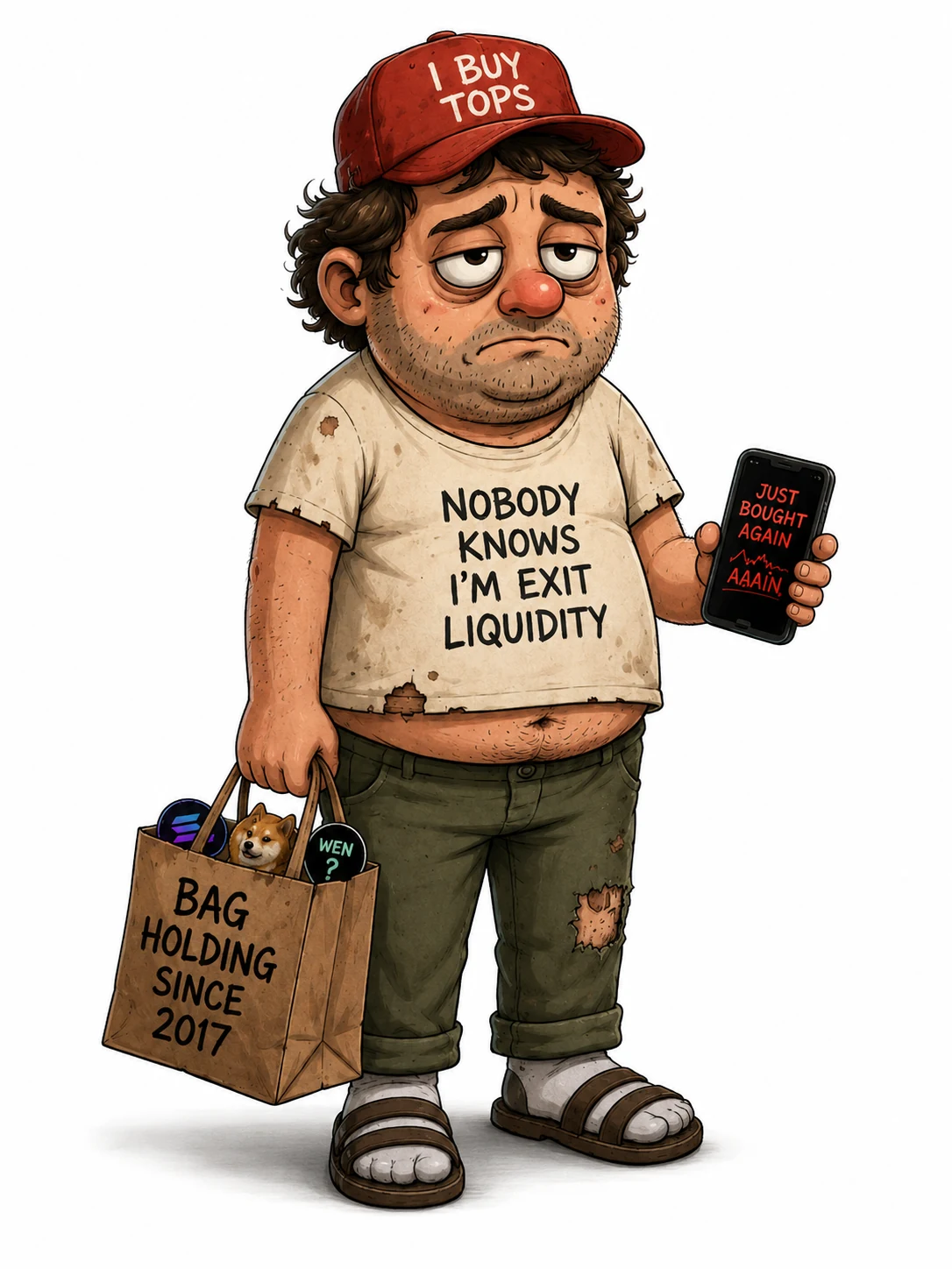 Original full-body artwork of Exit Liquidity Larry holding his bags and phone
