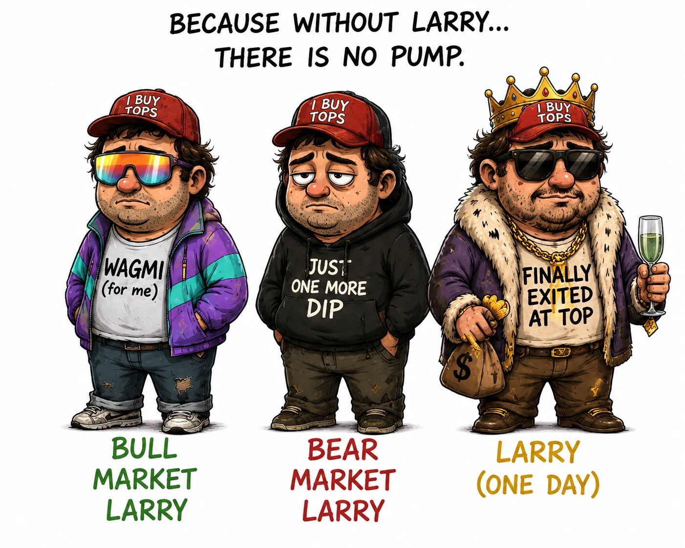 Original artwork of bull market Larry, bear market Larry, and Larry one day